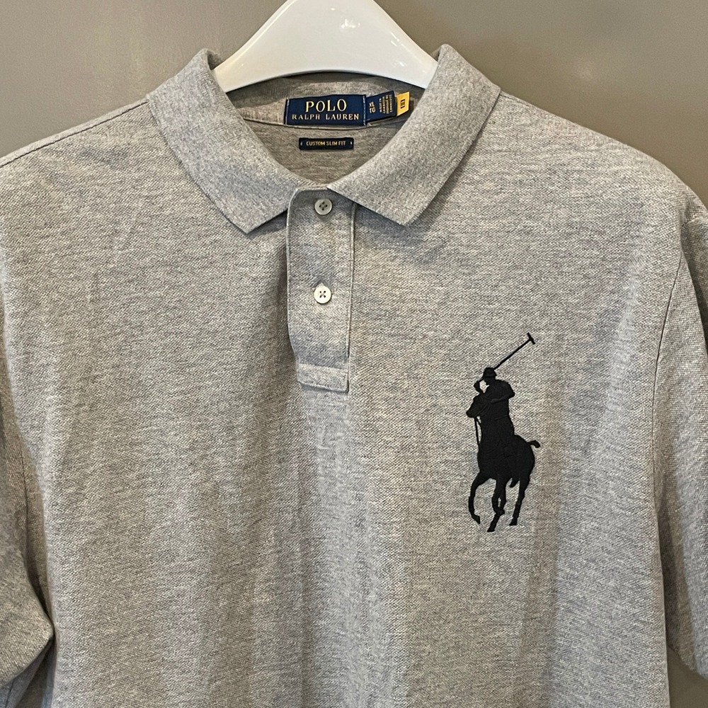 Polo Ralph Lauren Mens XL Custom Slim Fit Big Pony Polo Shirt Gray Black Logo